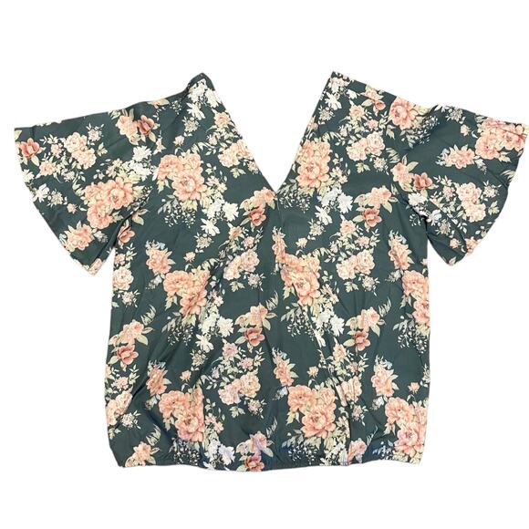 Bloomchic Short Sleeve Green Pink Floral V Neck Wrap Shirt Size 10 - Picture 5 of 5